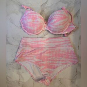 Pink and White Women's Swimsuit Set